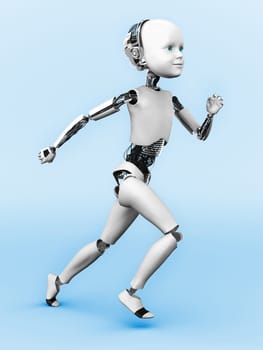 A robot child running. Blue background.