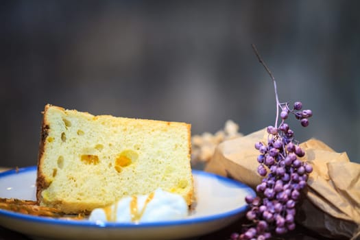The Selective focus, Chiffon cake on nice dish cutting board