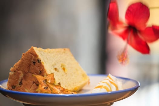 The Selective focus, Chiffon cake on nice dish cutting board