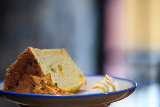 The Selective focus, Chiffon cake on nice dish cutting board