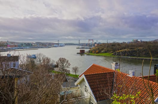 Gothenburg harbour with the river and the boat and the bridge in the background