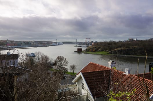 Gothenburg harbour with the river and the boat and the bridge in the background