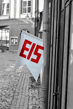Flag with the inscription "Ice"" at an ice cream café in Quedlinburg"