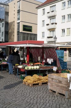Market stall on the old market in the city centre of Magdeburg