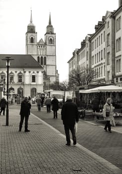 Pedestrians on their way to the old market in Magdeburg