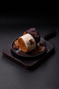 Round sweet New York roll croissant with chocolate cream filling on a dark concrete background