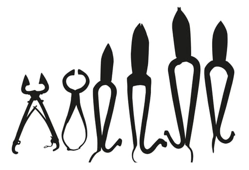Black silhouette of tools: pliers, split ring pliers, diagonal cutting pliers. Vector illustration