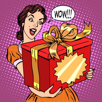 Woman and big gift box pop art retro style. Birthday and holiday. International womens day