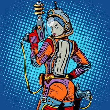 Girl space marine science fiction retro pop art retro style. The weapon of the future. The army and soldiers. The girl with the weapon