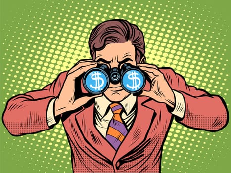 Financial monitoring of currency dollar businessman binoculars pop art retro style