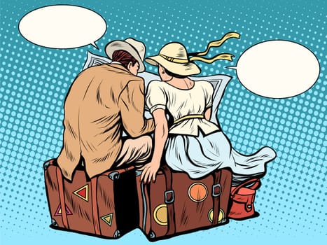 couple traveling route map looks pop art retro style. Male and female tourists. Business concept summer vacation