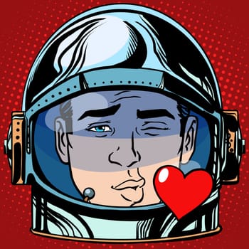 emoticon kiss love Emoji face man astronaut retro pop art retro style. Emotions face. Vector emoticon