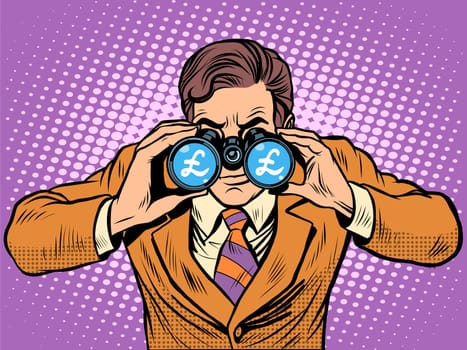 Financial monitoring of currency pound businessman binoculars pop art retro style