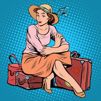 Lady tourist traveler pop art retro style. Retro girl. Woman bags and Luggage