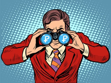 Financial monitoring of currency ruble businessman binoculars pop art retro style
