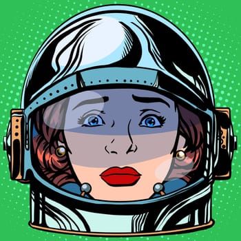 emoticon sadness Emoji face woman astronaut retro pop art retro style. Emotions face. Vector emoticon