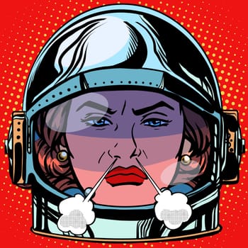 emoticon rage boiling water Emoji face woman astronaut retro pop art retro style. Emotions face. Vector emoticon