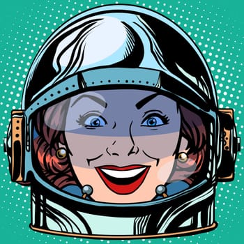 emoticon joy smile Emoji face woman astronaut retro pop art retro style. Emotions face. Vector emoticon