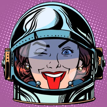 emoticon tongue Emoji face woman astronaut retro pop art retro style. Emotions face. Vector emoticon