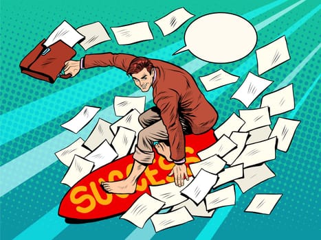 Businessman surfer success pop art retro style. Business concept sport leadership financial success