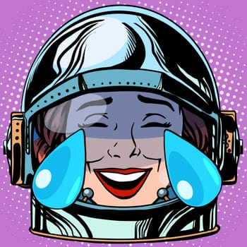 emoticon tears of joy Emoji face woman astronaut retro pop art retro style. Emotions face. Vector emoticon