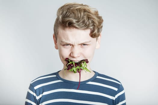 Humorous Nutrition Concept Image - Head and Shoulders Portrait of Frowning Boy with Wavy Blond Hair with Mouth Full of Mixed Salad Lettuce Greens in Studio with White Background and Copy Space