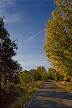 Healthy little country road opposed to polluted jet trail in the sky, Caceres, Spain