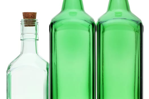 Empty glass bottle with cork stopper isolated on white background