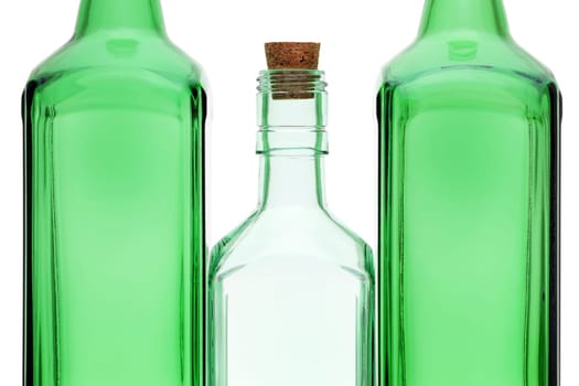 Empty glass bottle with cork stopper isolated on white background