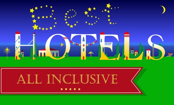Best Hotels Insription. Cute houses Font. Vector Illustration