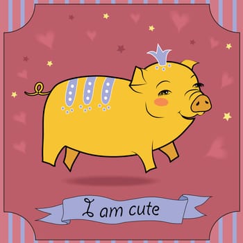Cute Yellow Pig with Crown. Vector Illustration