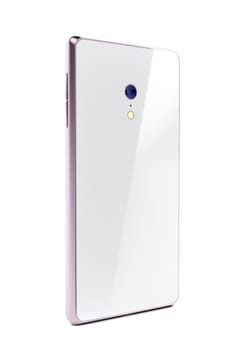 Back view of white smartphone with rose gold colored frame