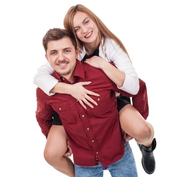 Casual young couple showing their love each other on white background