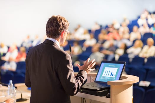 Speaker at Business Conference with Public Presentations. Audience at the conference hall. Entrepreneurship club. Rear view. Horisontal composition. Background blur.