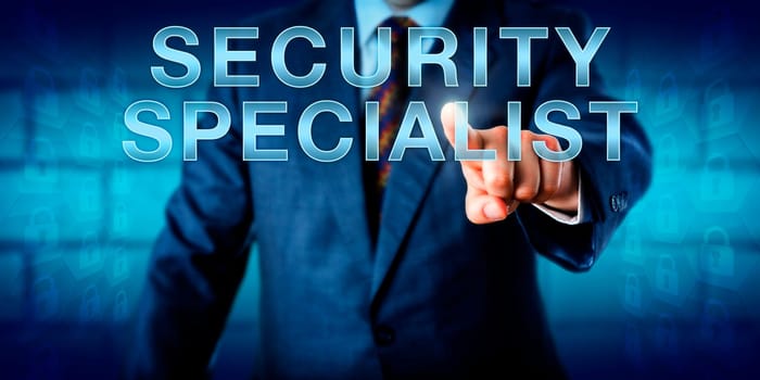 Corporate manager touching SECURITY SPECIALIST on a touch screen interface. Technology metaphor and business concept for a mid-level employee in an enterprise information security career. Copy space.