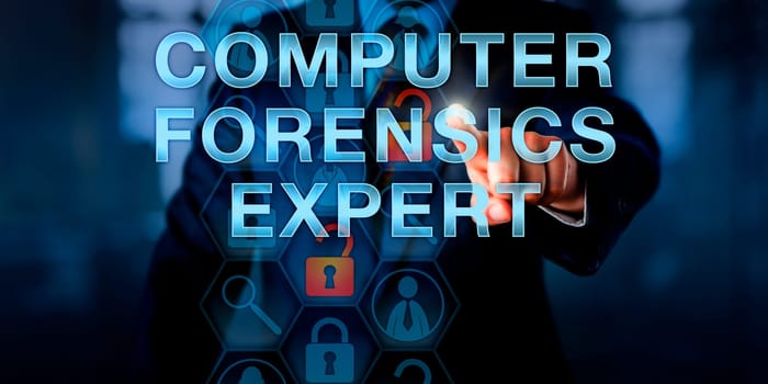 Law enforcement officer is touching COMPUTER FORENSICS EXPERT onscreen. Security technology concept for a specialist capable of investigating data breach and security incidents. Copy space.