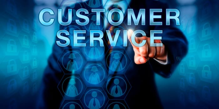 Business manager is pressing CUSTOMER SERVICE on a touch screen interface. Technology metaphor and business concept for professional assistance, technical support and customer-focused approach.