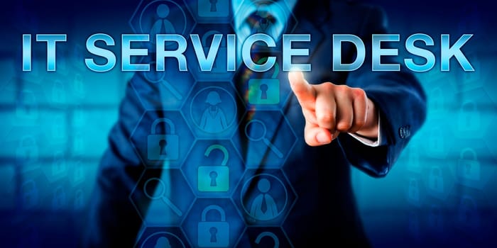 Business user is pushing IT SERVICE DESK on a touch screen interface. Technology concept for information technology service management. Several icons refer to different tools, tasks and resources.