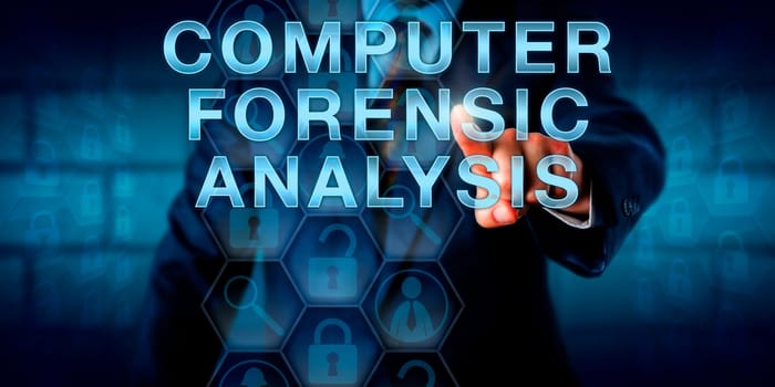 Examiner is touching COMPUTER FORENSIC ANALYSIS onscreen. Business metaphor and technology concept. locked and unlocked padlock icons reference retrieved documents and encrypted electronic evidence.