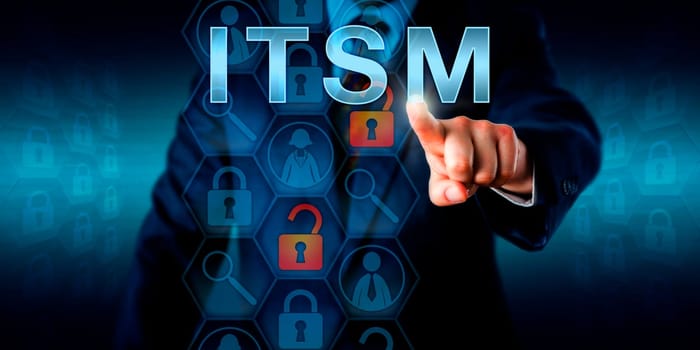 Business customer pressing ITSM onscreen. Concept for information technology service management. Unlocked lock icons refer to network incidents, magnifier symbols signify specialized software tools.