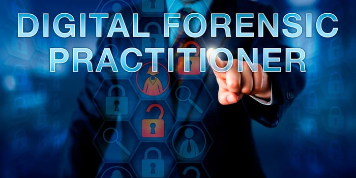 Examiner is pushing DIGITAL FORENSIC PRACTITIONER onscreen. Law enforcement metaphor and technology concept. Unlocked padlock icons refer to digital evidence and magnifiers to analytical tools.