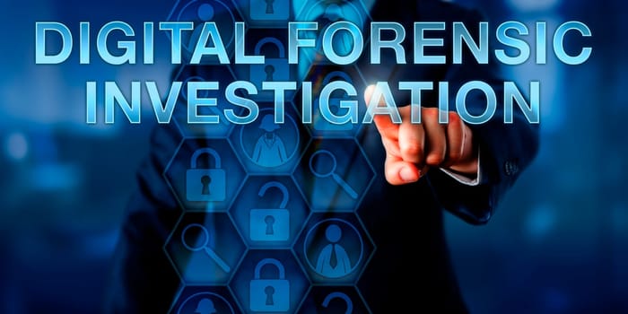 Examiner pressing DIGITAL FORENSIC INVESTIGATION on a touch screen interface. Business metaphor and technology concept. Magnifying glass icons represent analytical tools for investigative techniques.