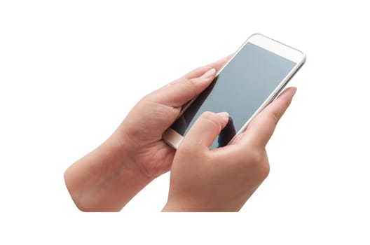 Hand with smartphone touch screen isolated on white background, Clipping path