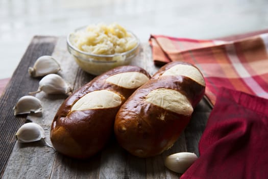 Bread made in German soft pretzel style with sauerkraut and garlic.