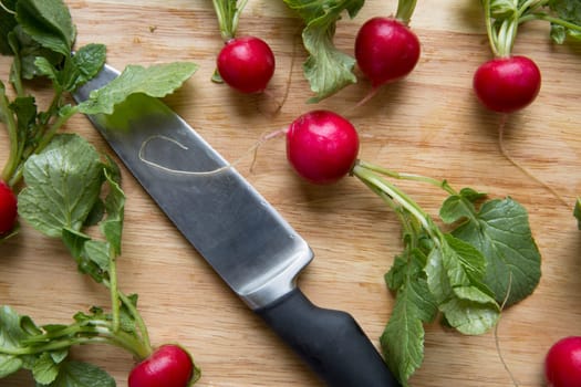Whole radishes with knife on cutting board
