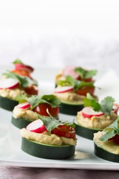 Healthy cucumber hummus bites with tomato, radish and cilantro.