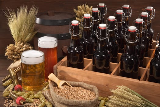 Beer carriers with various beers,wheat,barley,hops and malt