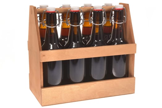 Wood beer carrier with ironing fastener beer bottles Insulated on white