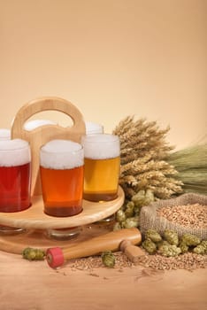 Beer carriers and beer glasses with wheat,barley,hops and malt