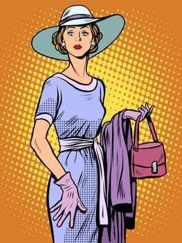 Elegant lady in beautiful dress and hat pop art retro style. Beautiful woman. Aristocrat